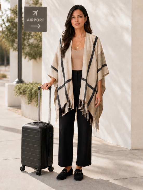 Three Dots Sweaters - Minimalist Travel Wrap Neutral Cashmere Blend Miranda Plaid by Three Dots